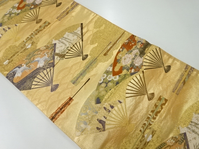 リサイクル　扇に鶴・草花模様織出し袋帯